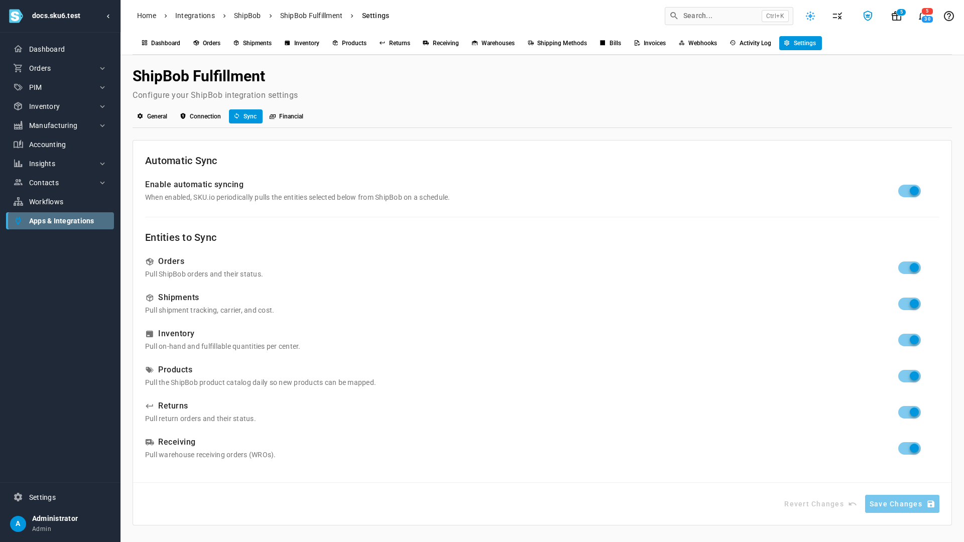 The Sync settings tab with Enable automatic syncing and the six Entities to Sync switches
