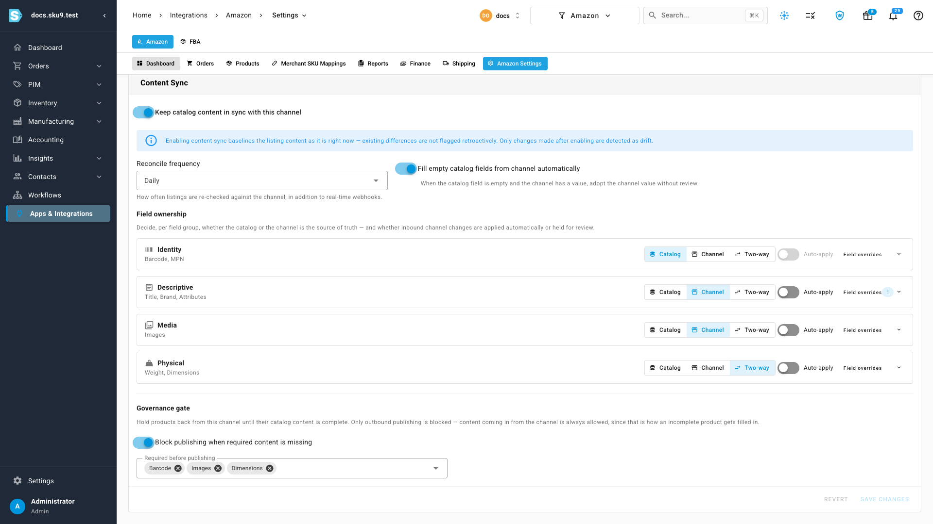 The Content Sync settings tab — enable switch, reconcile frequency, fill-empty toggle, and the governance gate