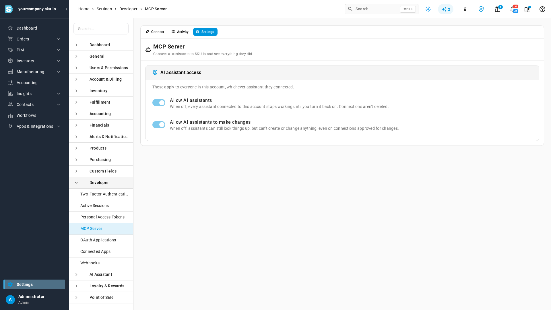 The Settings tab with the Allow AI assistants and Allow AI assistants to make changes switches