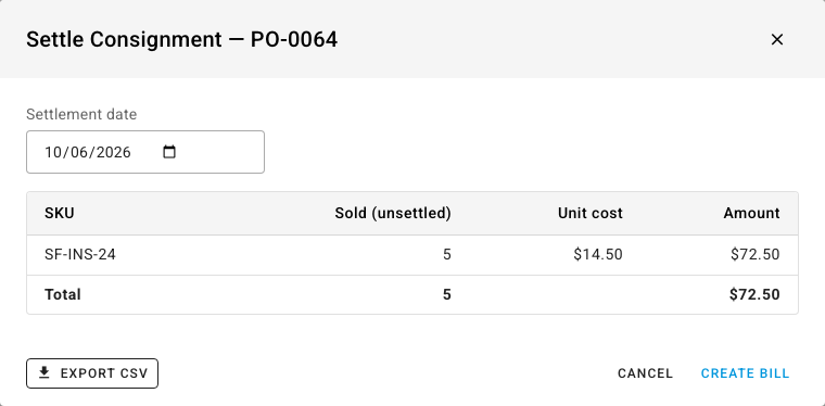 The Settle Consignment preview, showing 5 sold units of SF-INS-24 at $14.50 for a total of $72.50