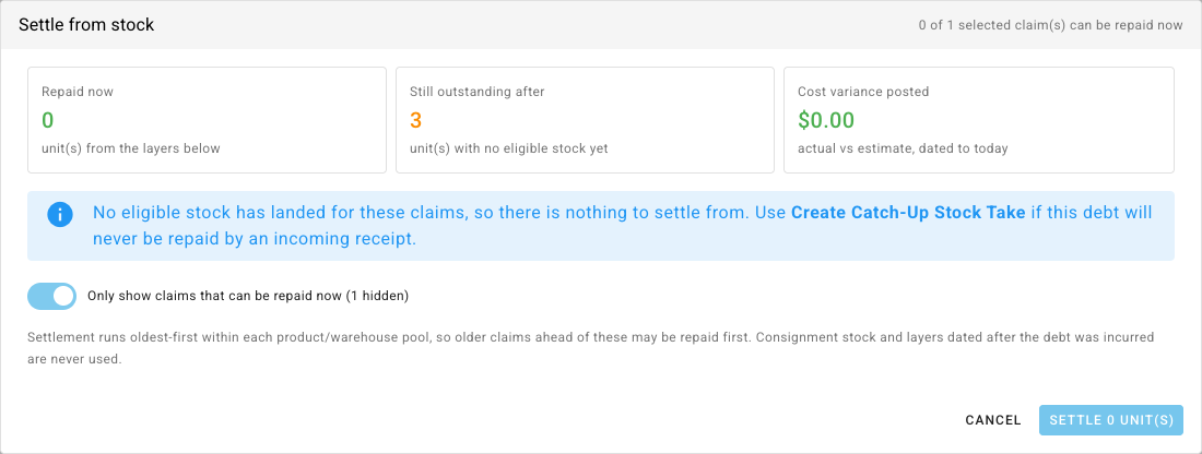 The Settle from stock preview reporting that no eligible stock has landed, with the Settle button disabled