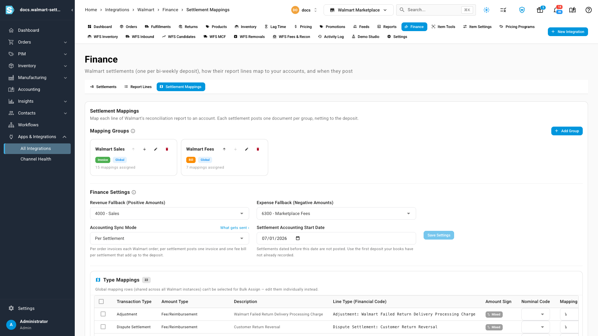 Mapping groups and finance settings for Walmart settlements