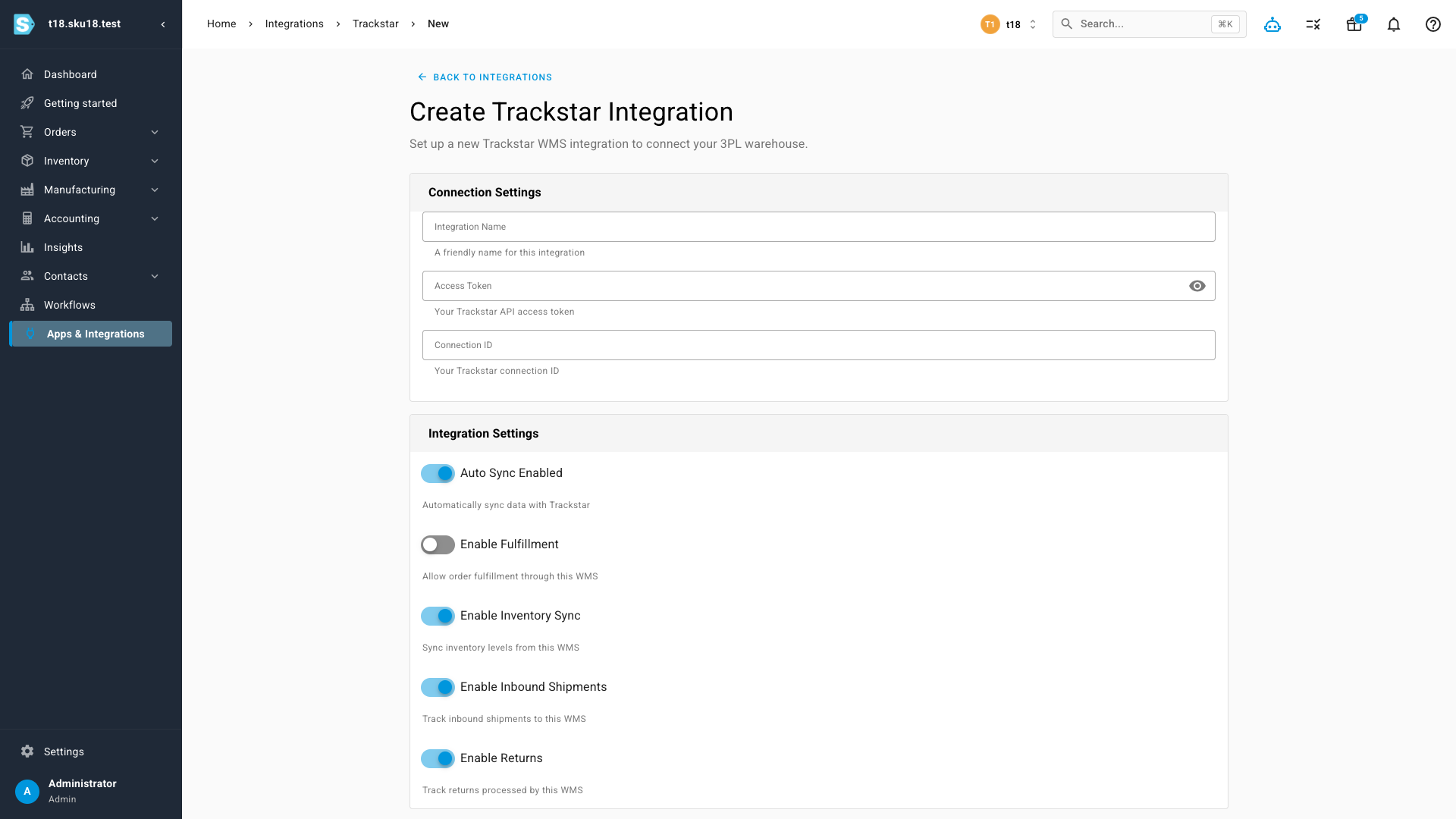 Creating a Trackstar integration: name the connection, add your access token and connection ID, and choose which capabilities to enable