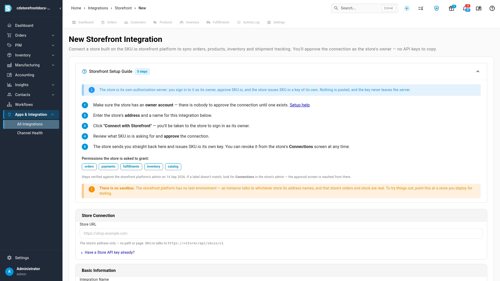 The New Storefront Integration page with its setup guide