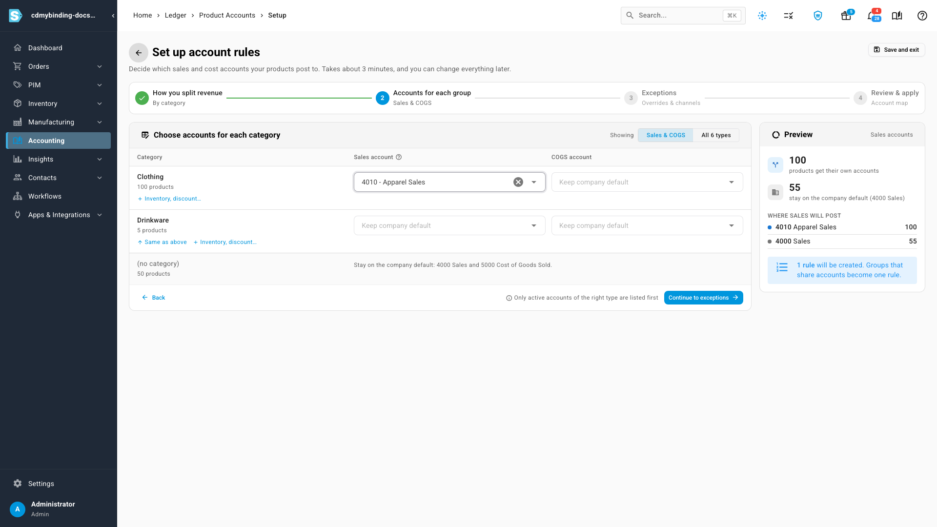 Guided setup: choose a sales account for each category and watch the preview of where sales will post