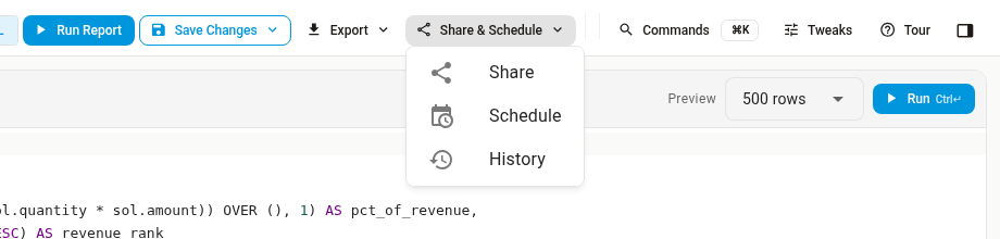 The Share & Schedule menu open on a saved SQL report, showing Share, Schedule, and History