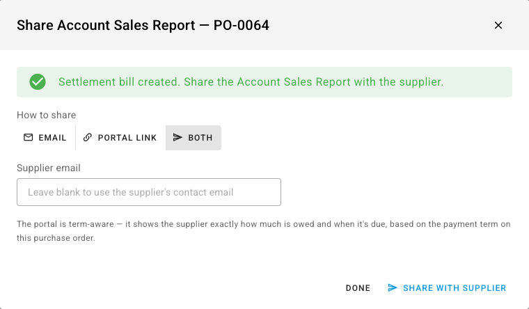 The Share Account Sales Report step, with Email, Portal link and Both under How to share