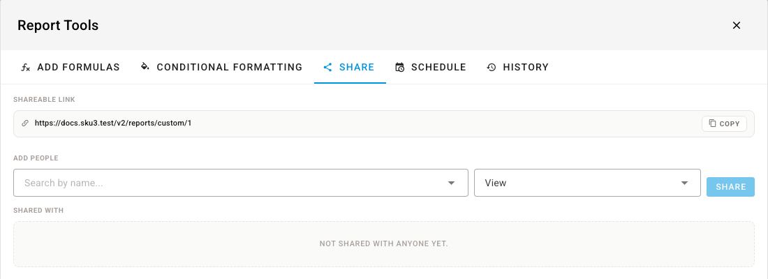 The Share tab with the shareable link, the Add People search, the View or Edit choice, and the Shared With list