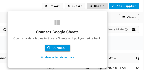 The Sheets menu on the Suppliers list before Google is connected, with a Connect button and a Manage in Integrations link