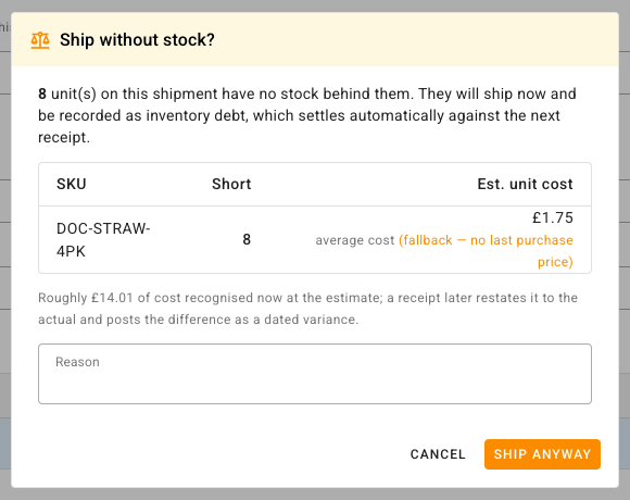 The Ship without stock? prompt: the unit count, the shortfall table with the estimated unit cost and its basis, the cost line, the Reason box, and the Cancel and Ship Anyway buttons