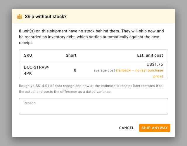 The Ship without stock? prompt, listing the SKU short on stock, the estimated unit cost and its basis, the total cost recognised now, and a reason box above Ship Anyway