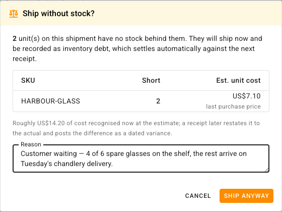 The Ship without stock? prompt with a reason typed in, ready to confirm