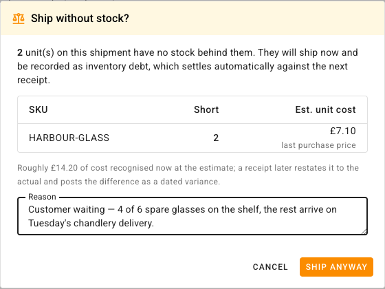 The Ship without stock? prompt with a reason typed in, ready to confirm