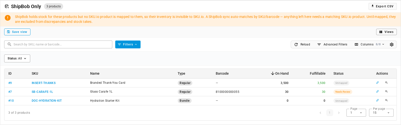 The ShipBob Only sub-tab with its Status chips and row actions