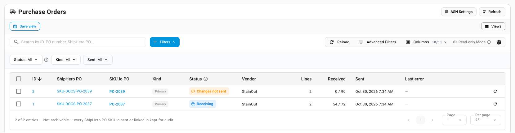 The ShipHero connection's Purchase Orders tab with Sent, Changes not sent and Receiving rows