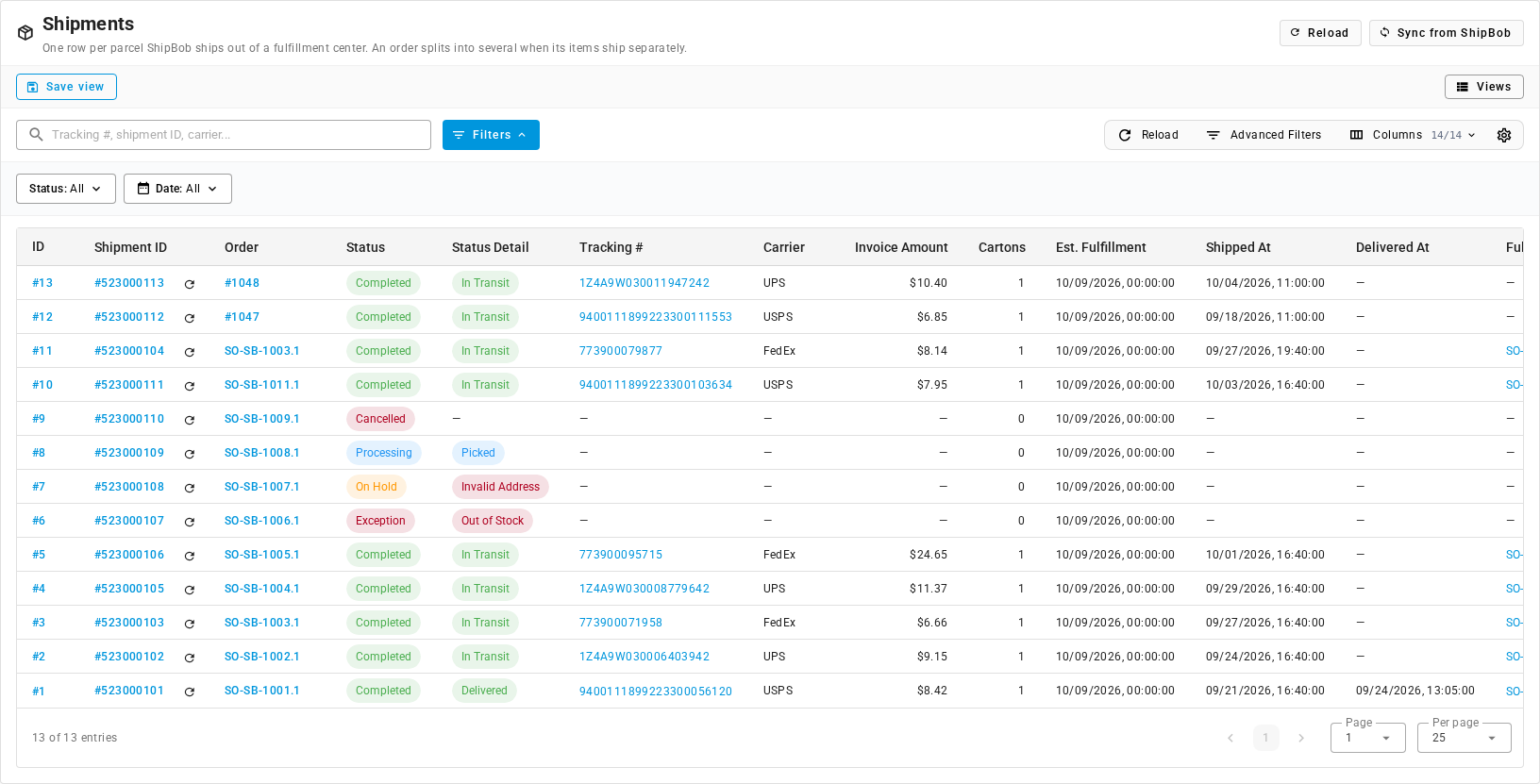 The ShipBob Shipments tab, one row per parcel, with Status Detail chips such as Out of Stock and Invalid Address