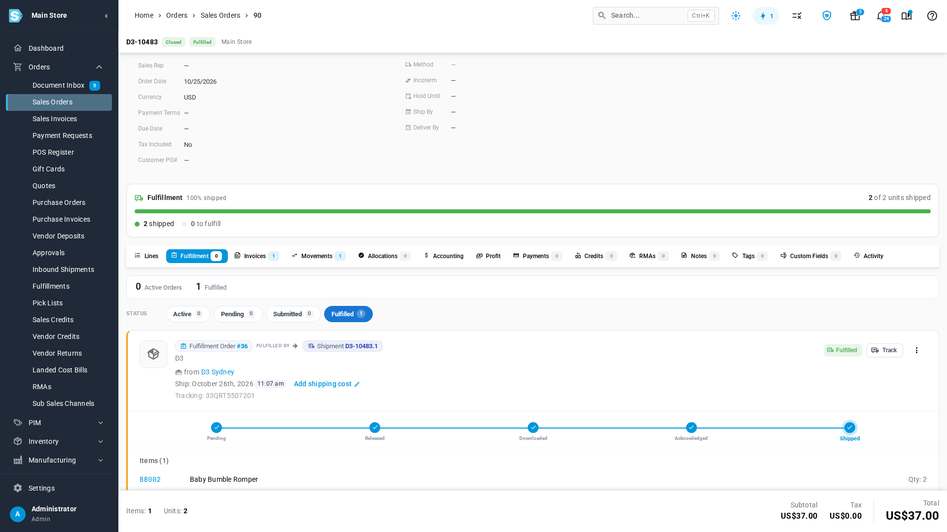 A shipment D3 reported, with its tracking number, on the sales order's Fulfillment tab
