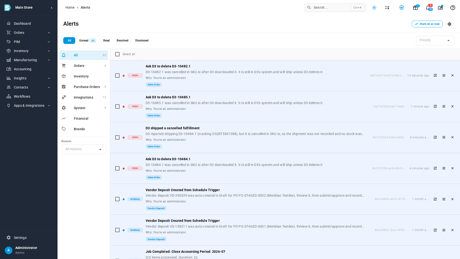 The Alerts page with D3 shipped a cancelled fulfillment: the shipment was not recorded