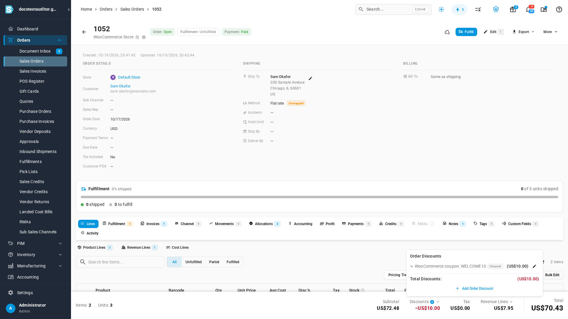 The sales order's totals: the coupon discount and the Shipping revenue line