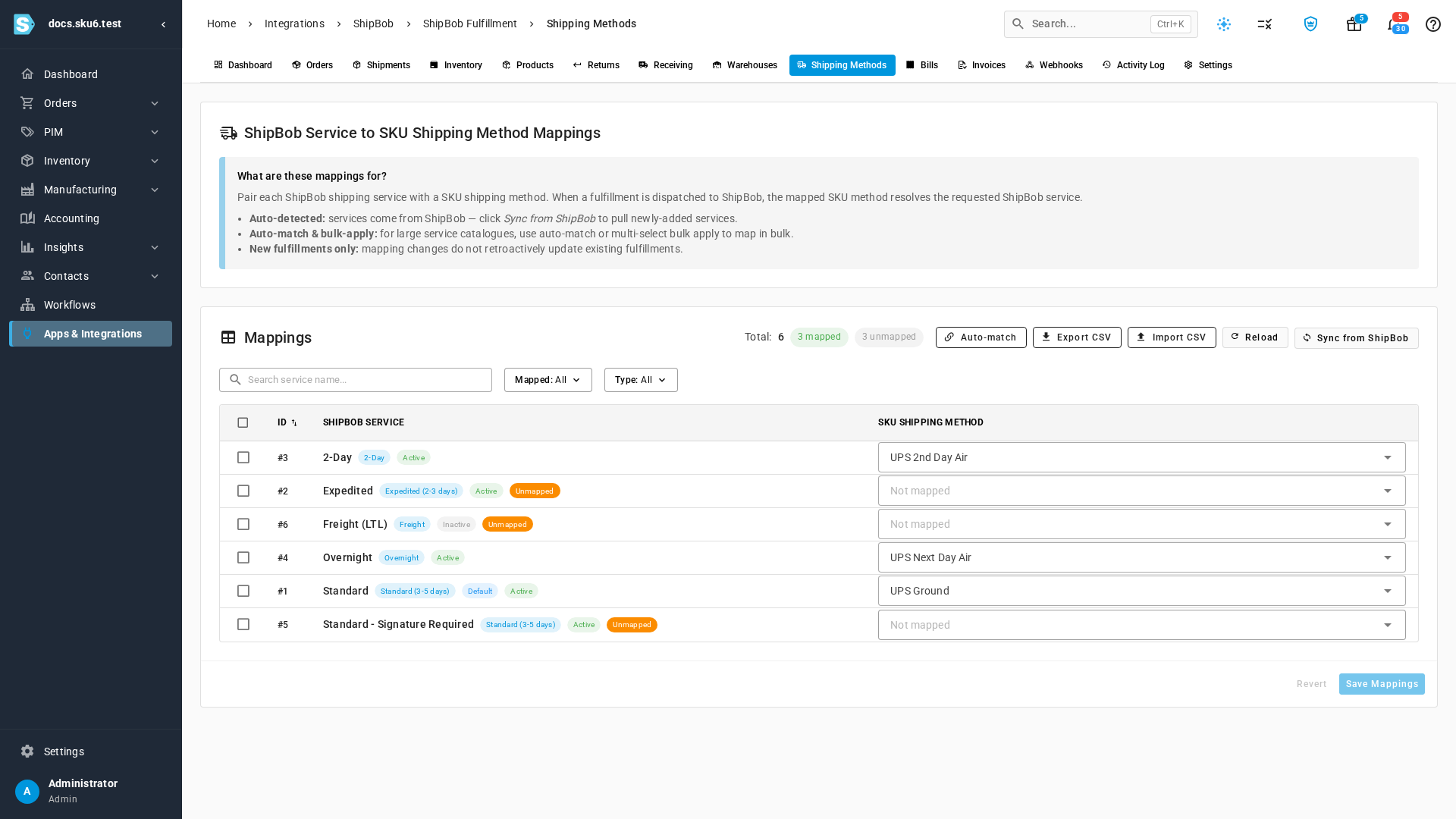 The Shipping Methods tab with six ShipBob services, three mapped to UPS methods and three unmapped