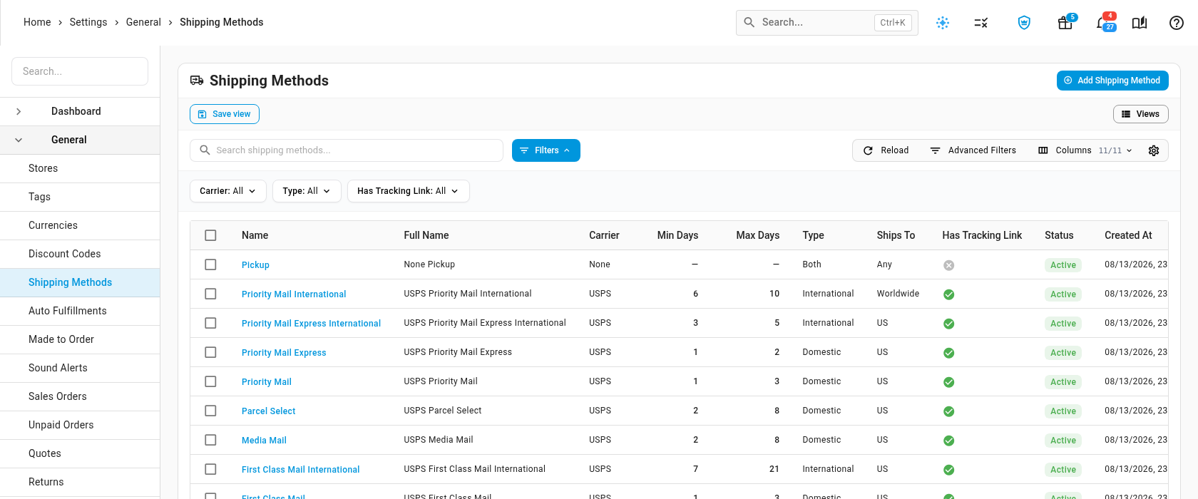 The Shipping Methods list with its carrier, type and tracking-link filters