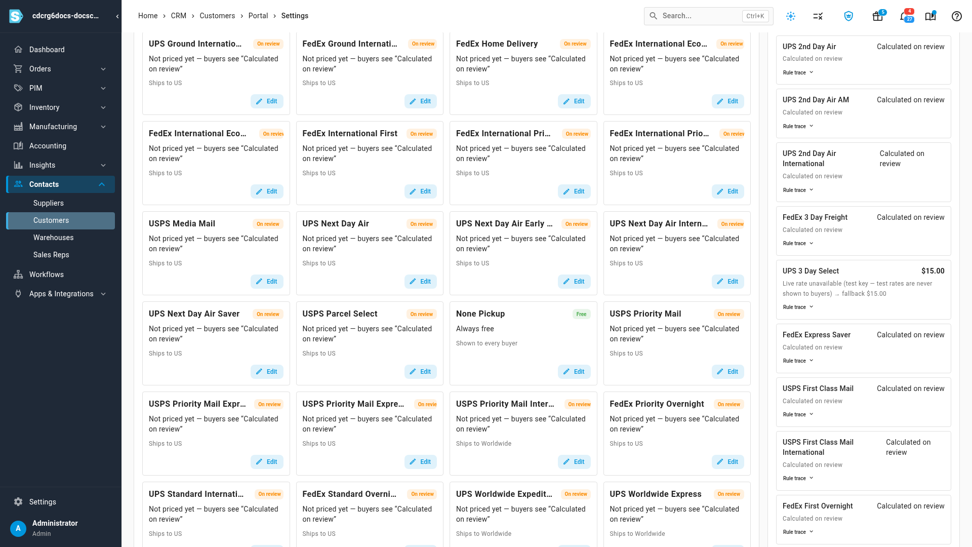 Preview: each method's price for one account's cart