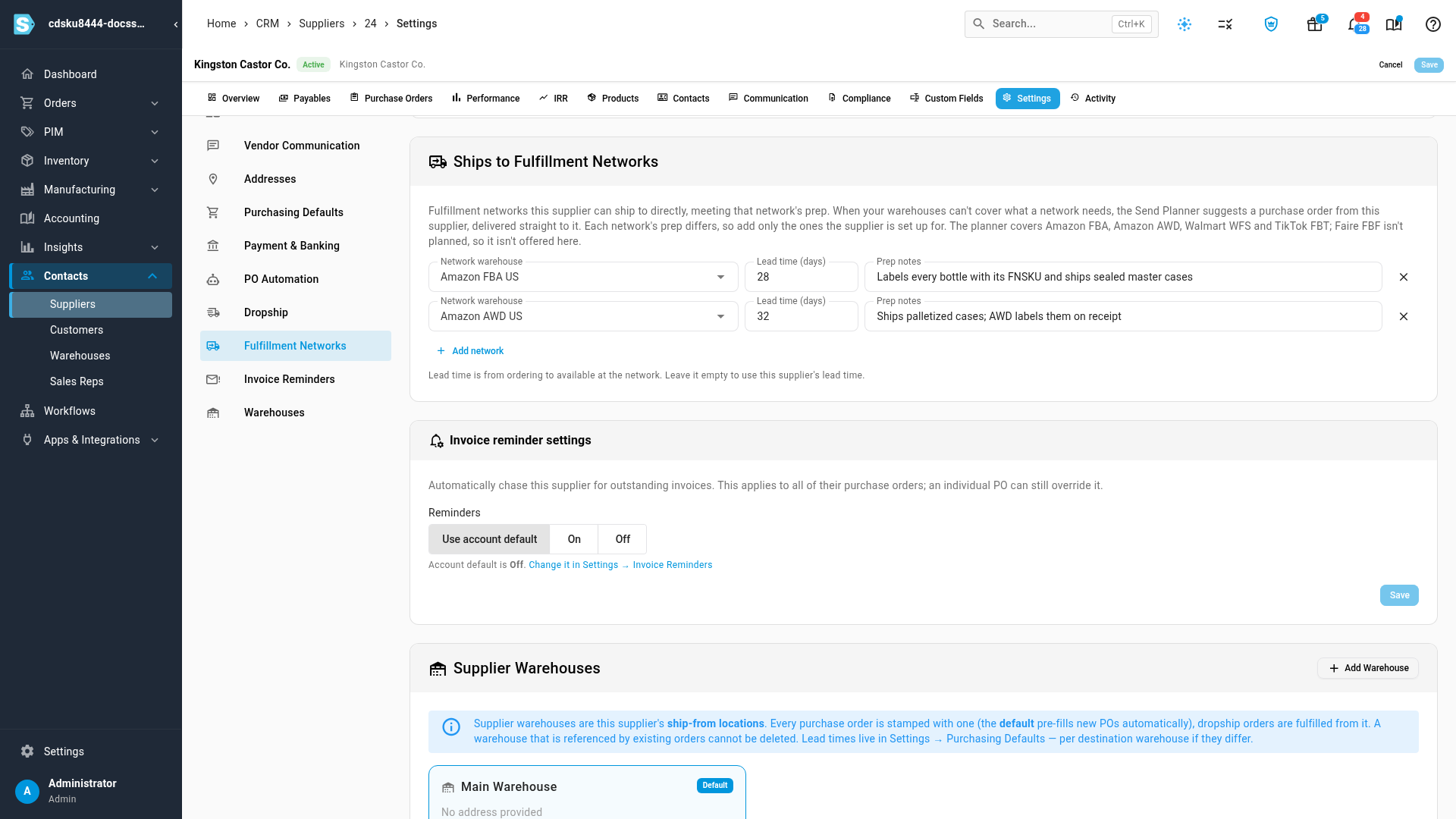 Ships to Fulfillment Networks in edit mode with Amazon FBA US at a 28-day lead time and Amazon AWD US at 32 days, each with its prep notes