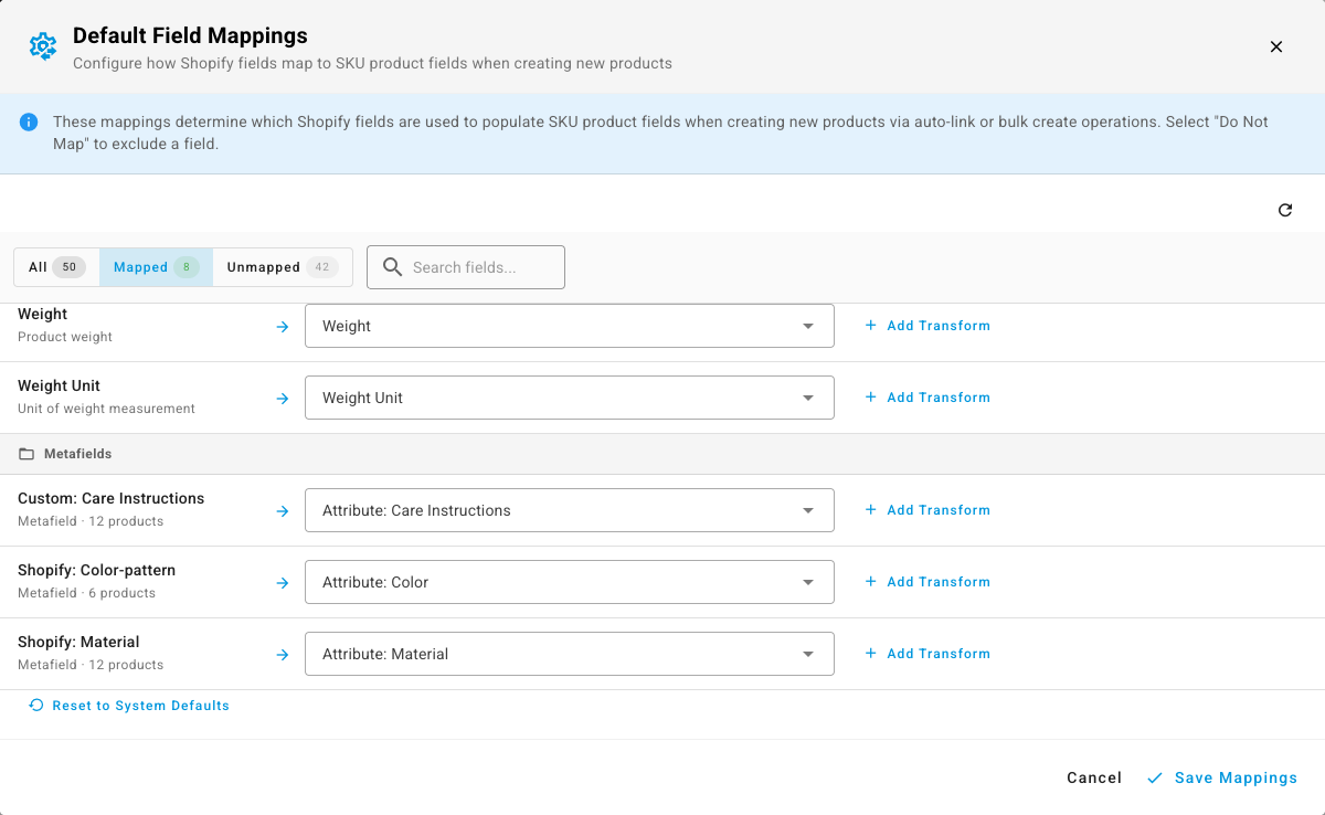 The Default Field Mappings modal for a Shopify store, showing channel fields on the left mapped to SKU product fields on the right