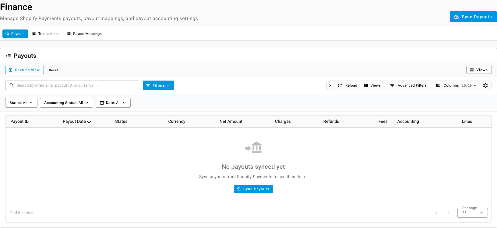 Shopify payouts on the Finance tab