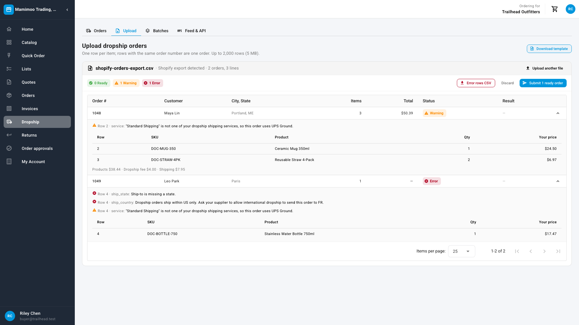 A Shopify export in the preview: one order with a Warning for the shipping method, and one Error for an order to another country