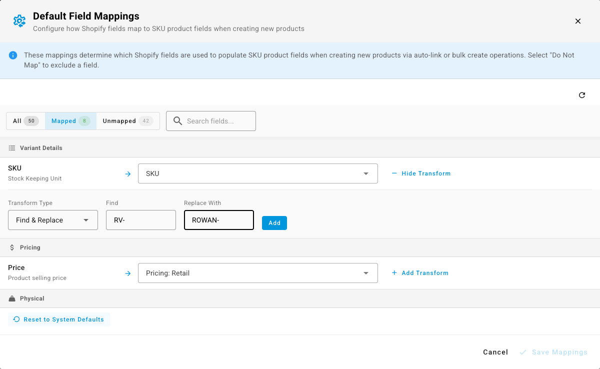 The Shopify field mapping editor with a transform expanded, replacing the prefix RV- with ROWAN- on the SKU field