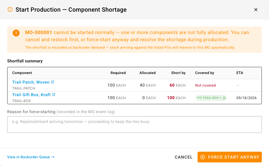 The Start Production component shortage dialog