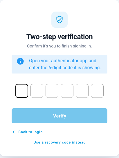 The two-step verification sign-in screen telling you to open your authenticator app, with a six-digit code entry and a Verify button