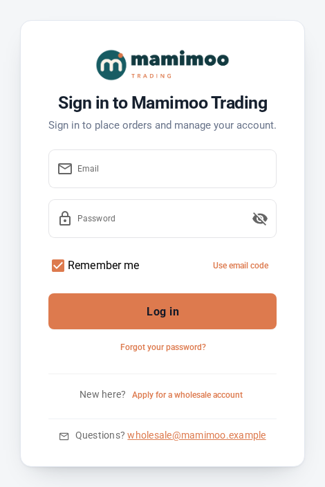 A branded sign-in page reading "Sign in to Mamimoo Trading" with the merchant's logo, brand-coloured Log in button and support email
