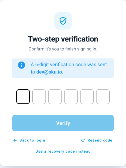 The same screen for emailed codes, confirming a six-digit code was sent to the account's email address, with a Resend code link