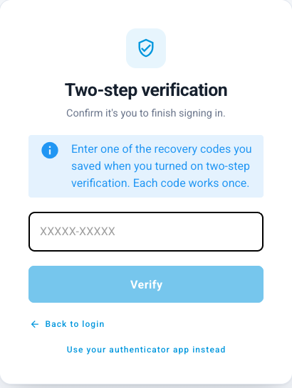 The sign-in screen switched to recovery code entry, with a field formatted XXXXX-XXXXX