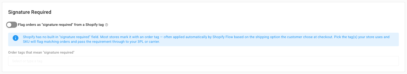 The Signature Required card in Shopify's Shipping settings