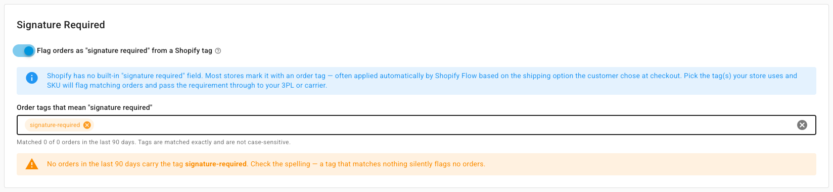 A tag entered, with the message that no orders in the last 90 days carry it