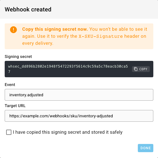 The Webhook created dialog showing the signing secret, the event, the target URL, and a copy confirmation checkbox