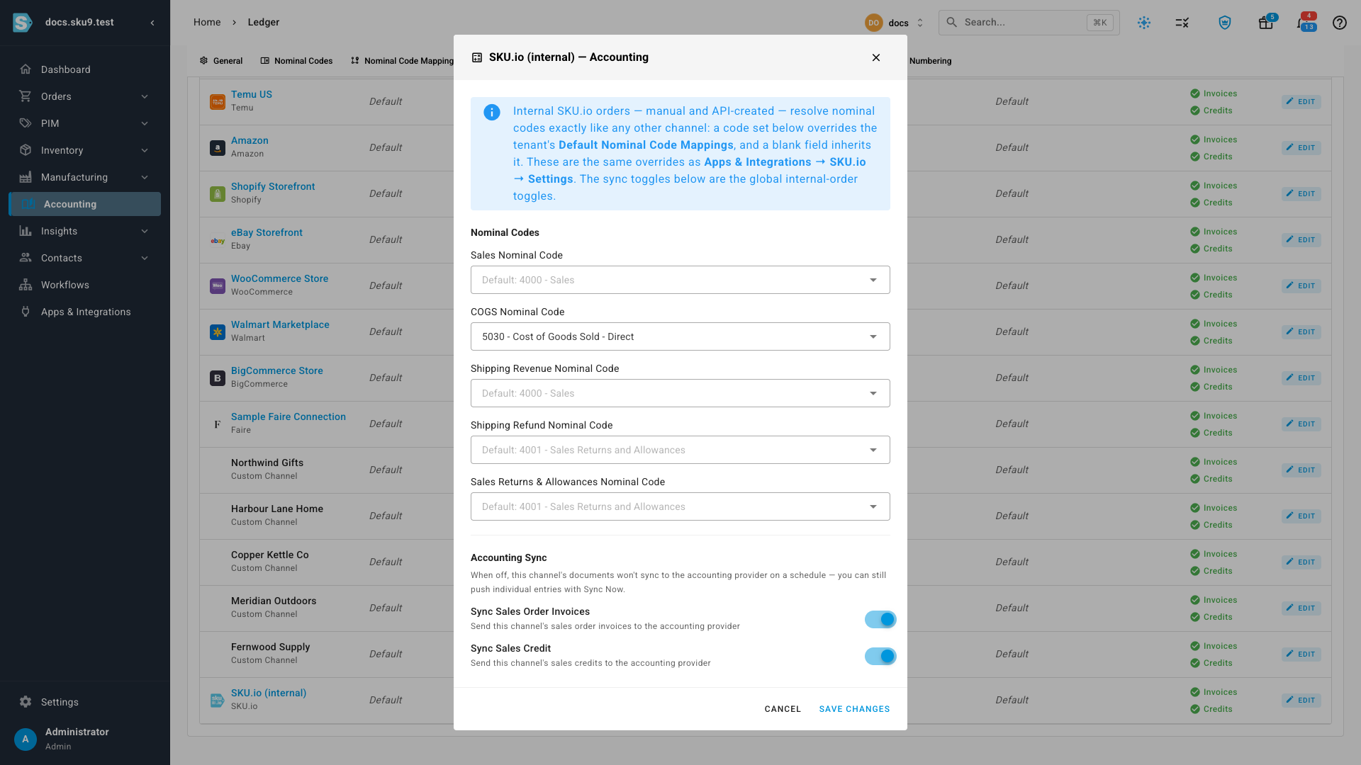 The internal channel's accounting dialog