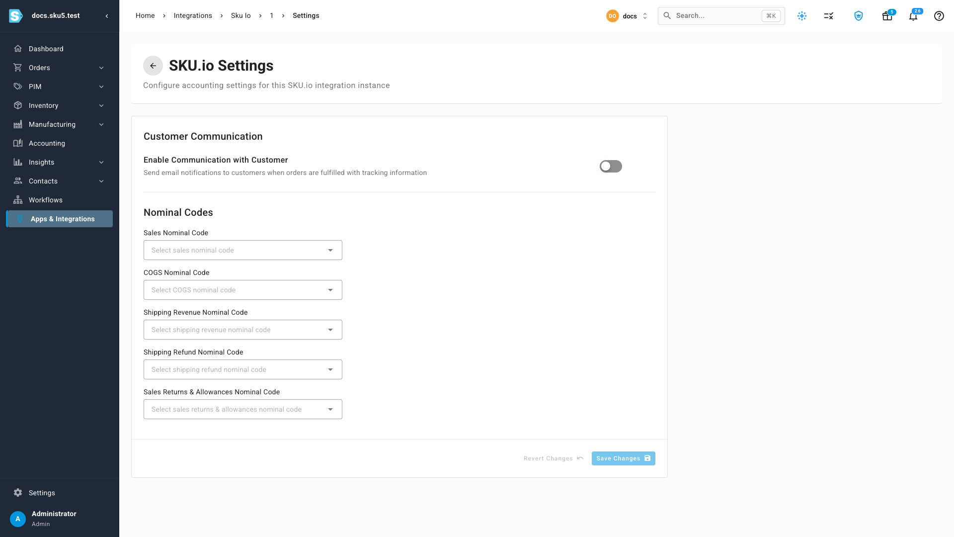 The SKU.io channel's settings page with its account fields