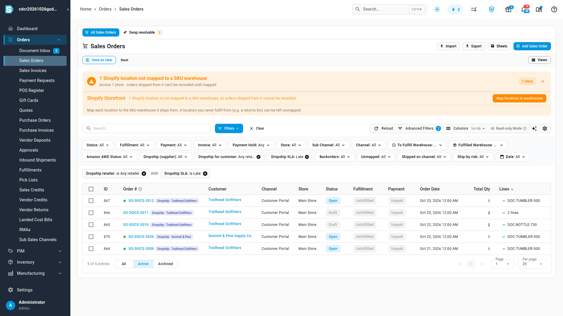 Dropship orders on the Sales Orders list, with the Dropship for customer and Dropship SLA quick filters