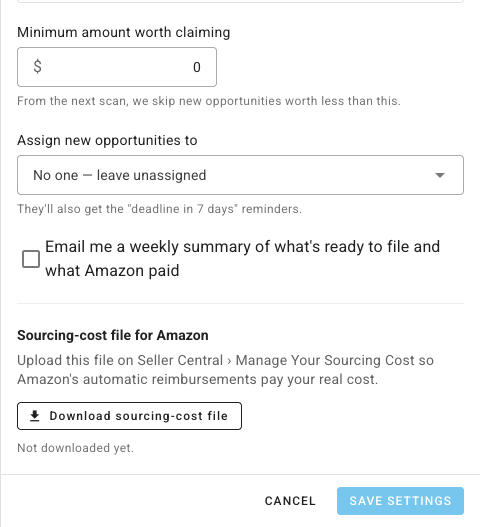 The sourcing-cost file section of Recovery settings