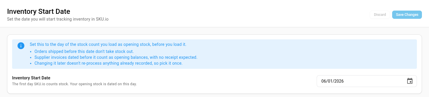 The Inventory Start Date settings page, with the explanation above the date field