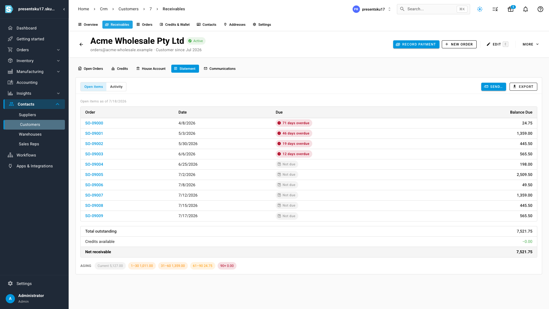 The customer statement — open items as of today, each order with its due status and balance, footing to total outstanding, credits available and net receivable, with an aging summary
