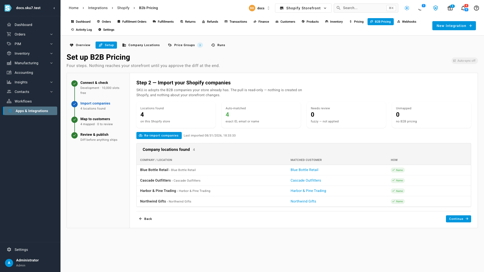 Step 2 imports the companies already on the store