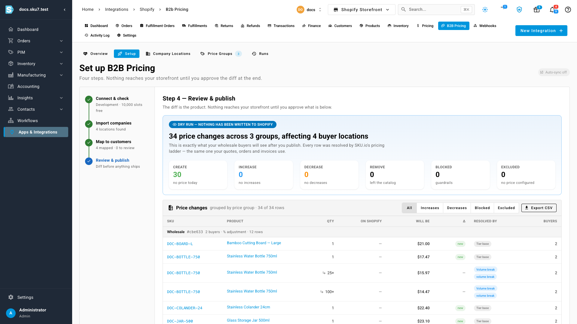 Step 4 shows every price change before anything is written