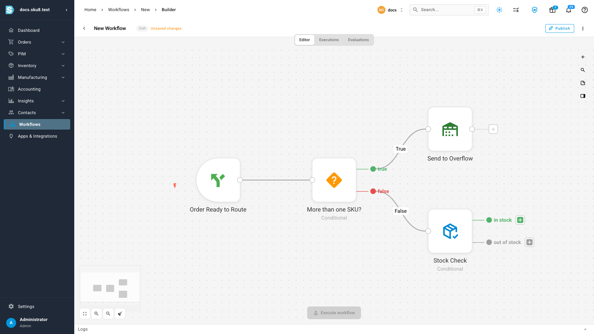 The canvas showing the Stock Check node with its In Stock and Out of Stock branches