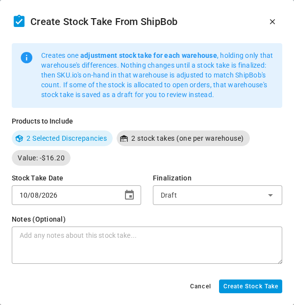 The Create Stock Take From ShipBob dialog