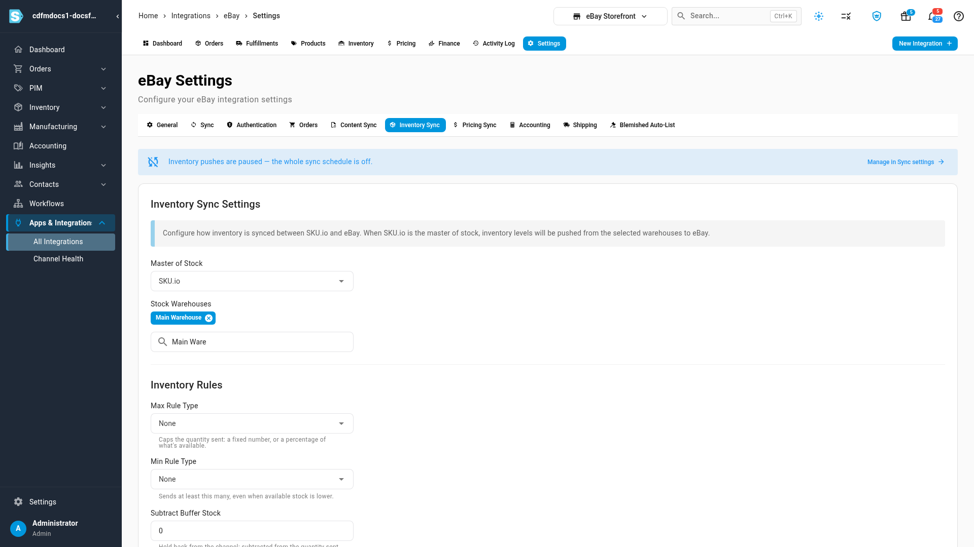 The Stock Warehouses field on an eBay connection's Inventory Sync tab, with Main Warehouse chosen